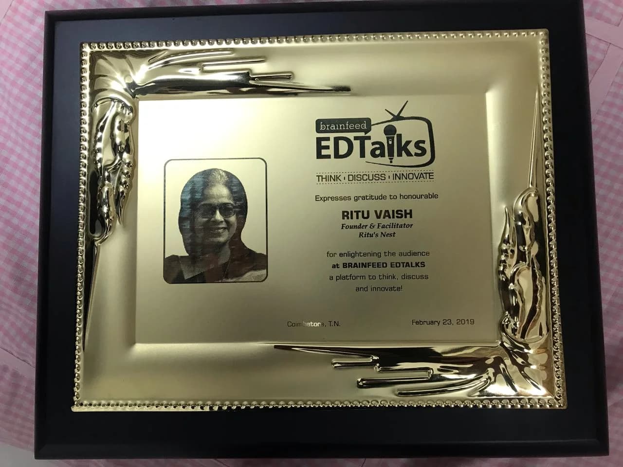 Brainfeed EDTalks plaque expressing gratitude to Ritu Vaish, Founder & Facilitator of Ritu’s Nest